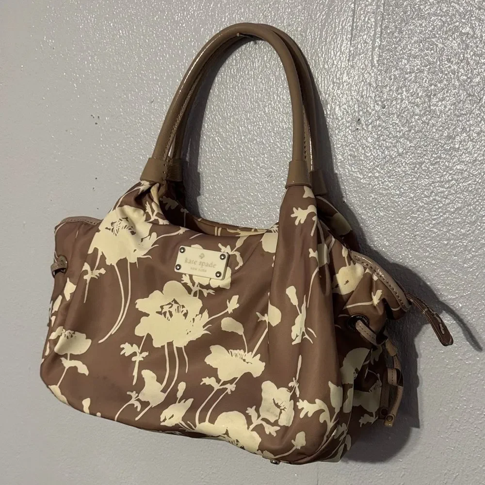 Chic Kate Spade Neutral Floral Nylon Leather Hobo Bag Shoulder Purse Trendy
